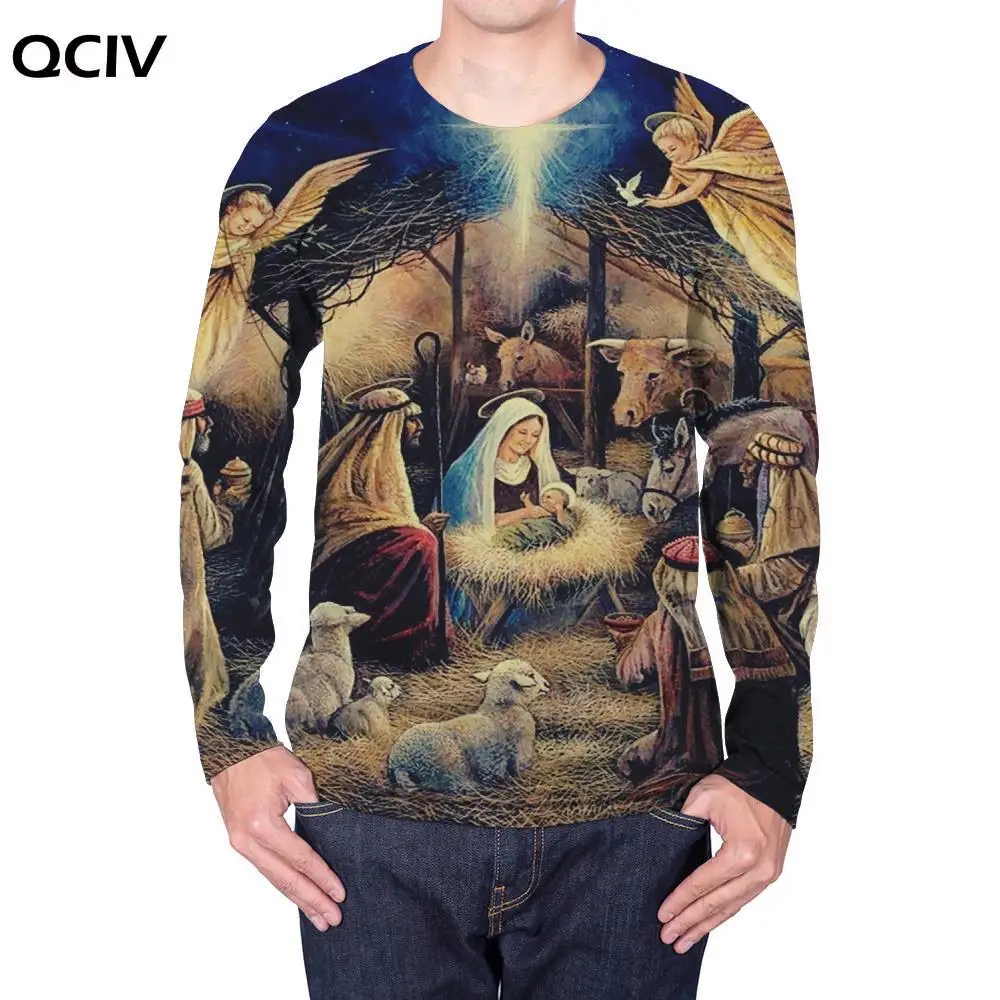 

QCIV Brand Christianity Long sleeve T shirt Men Jesus Punk Rock Animal long sleeve shirt Galaxy 3d Printed Tshirt Mens Clothing