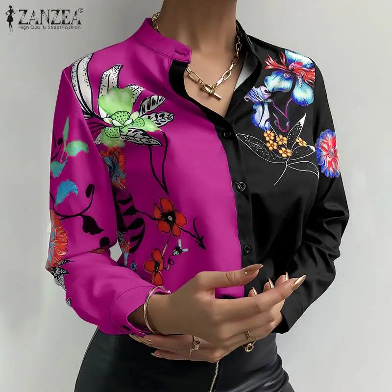 

Блузка ZANZEA Женская в стиле пэчворк, модная офисная рубашка с лацканами и пуговицами, Свободная Повседневная Блузка в стиле оверсайз, осень ...