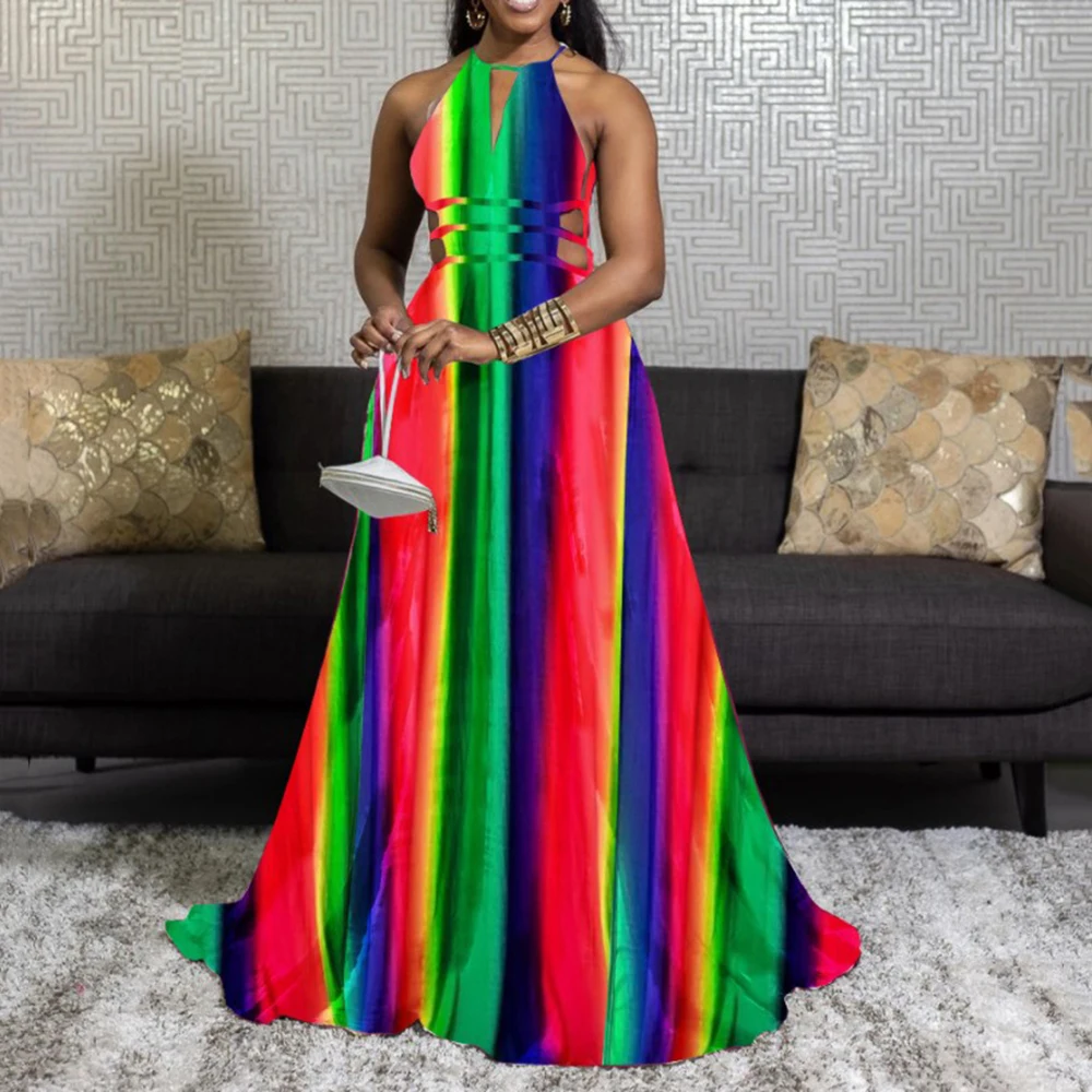 

Ethnic Style Printed African Maxi Dress Women Bohemian Beach Sexy Backless Sundersses 2021 Summer Fashion Casual Party Dresses