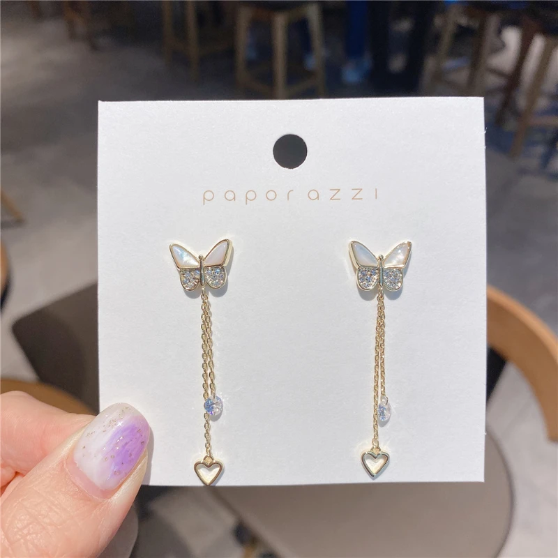 

Sweet Butterfly Needle Long Heart-shaped Tassel Temperament 14K Real Gold Stud Earrings for Women Date Earrings