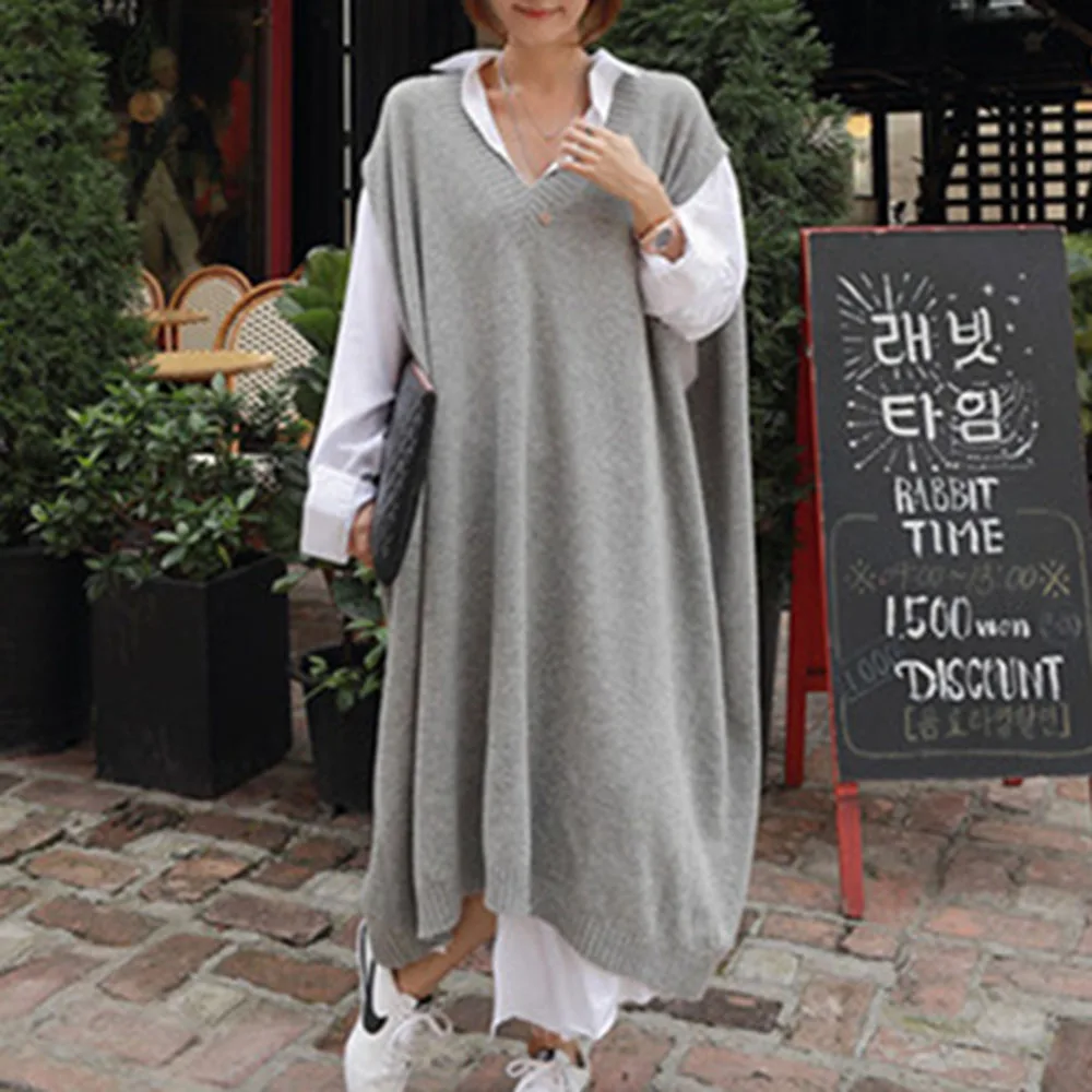 Женское длинное платье жилет до колен Свободный пуловер большого размера в