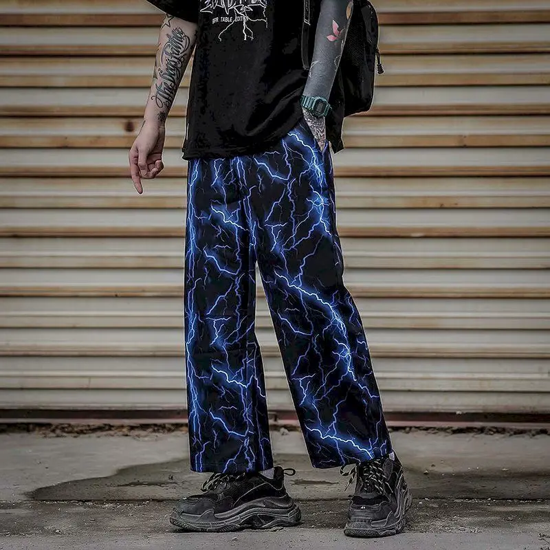 

Autumn Korean Lightning Print Harajuku High Street Wide-leg Plus Size Pants Men Straight Long Korean Sweatpants Punk High Street