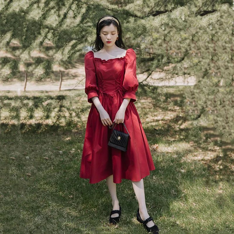 

Fashion women's square collar retro dress 2020 new women's summer seven-point sleeves elegant slim casual vacation dress