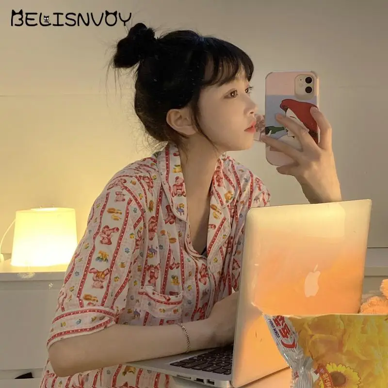 

Japanese Style Summer Women Pajamas Set Short sleeve Cotton Sleepwear Bear Printed Homewear Suit INS Sweet Girl Nightwear
