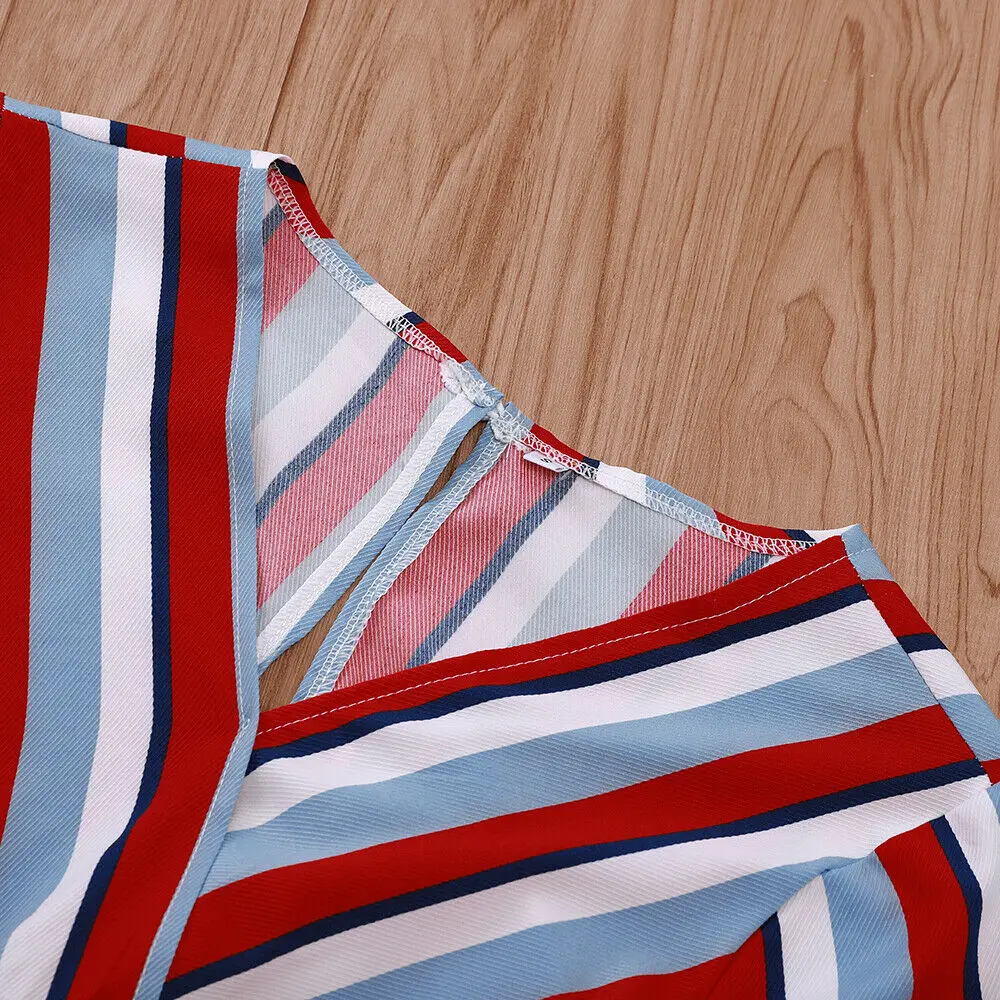 

Novel Women Summer Dress Casual Chiffon Half Sleeve Mini Colorful Stripe Pattern Dress Lady V-Neck Backless Loose Sundress