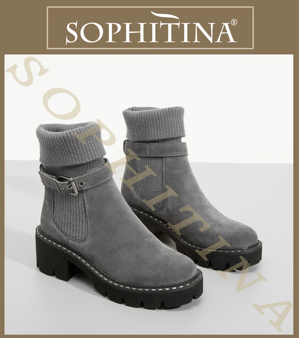 SOPHITINA/стильные женские ботинки; Повседневные слипоны ручной работы с круглым носком на квадратном каблуке; женские ботинки на высоком каблуке с металлическим украшением; MC241