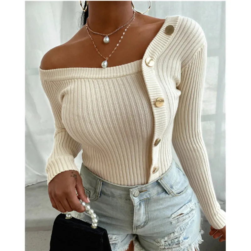 

Women Casual Autumn Button Threaded Top Slim All-match Basic Lady Solid Color Knit 2020 Long Sleeve Off Shoulder Female Sweater