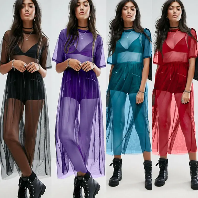 Женское прозрачное Сетчатое платье макси длинное однотонное платье-накидка из