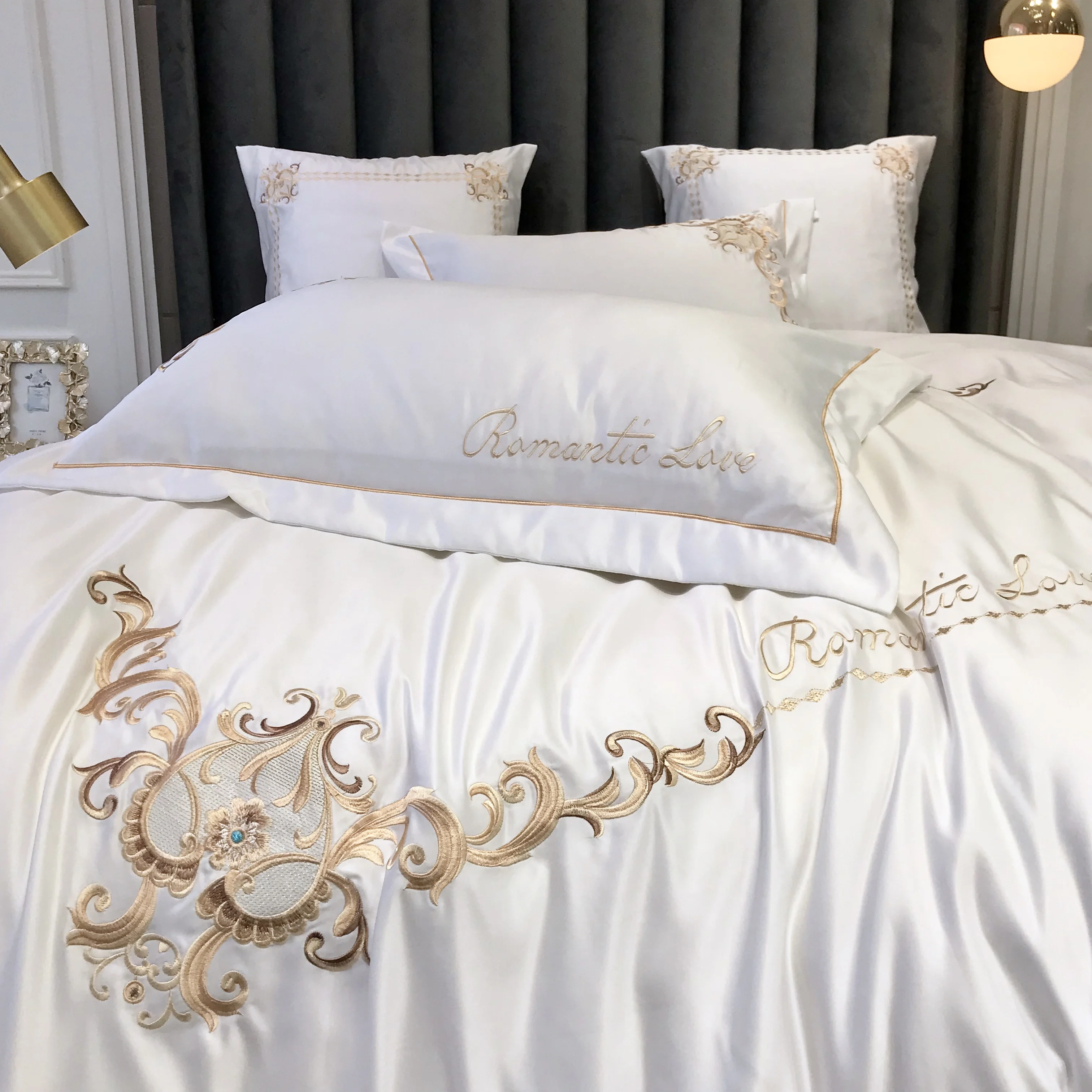 Новинка белый синий серый 60S сатин мытый шелк хлопок изысканная вышивка Комплект