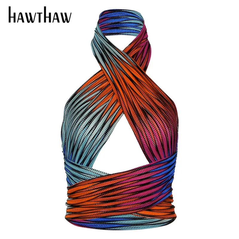

Hawthaw Women Summer Fashion Halter Printed Hollow Out Gradient Backless Tank Tops 2021 Female Clothing Streetwear