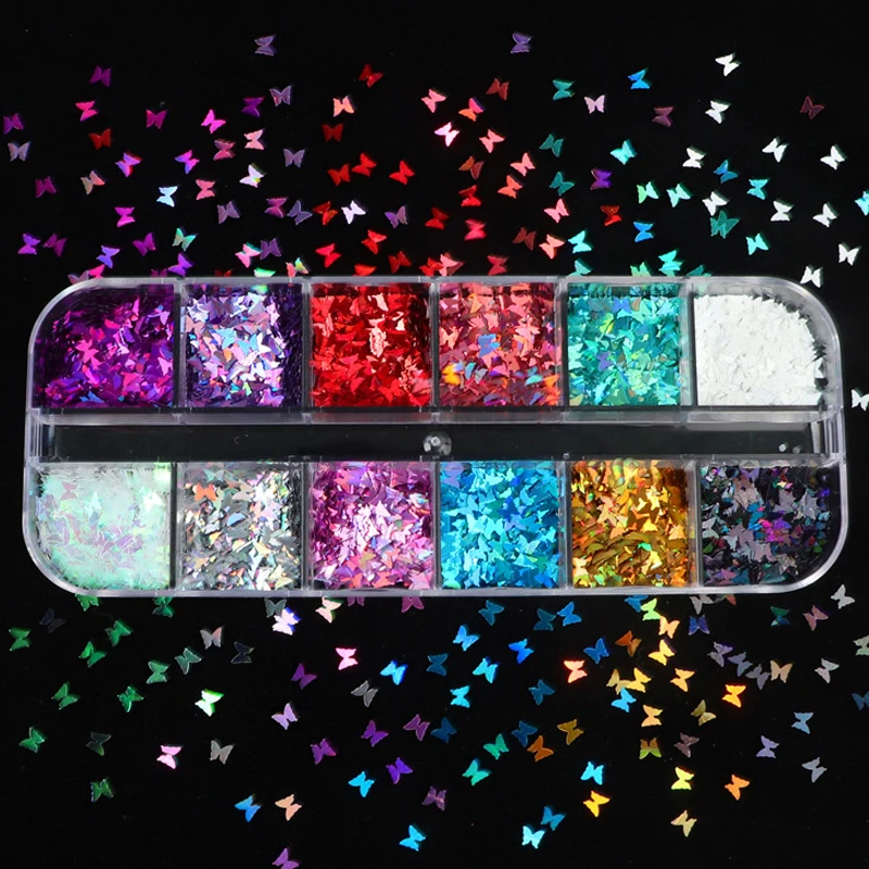 

12 Grid Glitter Flakes Colorful Butterfly Glitter Sequins for Epoxy Resin Mold Clay Slime Filler Jewelry Making Components DIY
