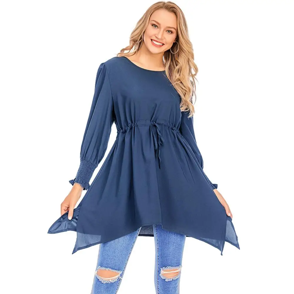 

New Arrival High Quality Design Belt Tied Waist Fashion Top Muslim Women Shirt Blouse Simple Style Long Sleeve Tops For Women