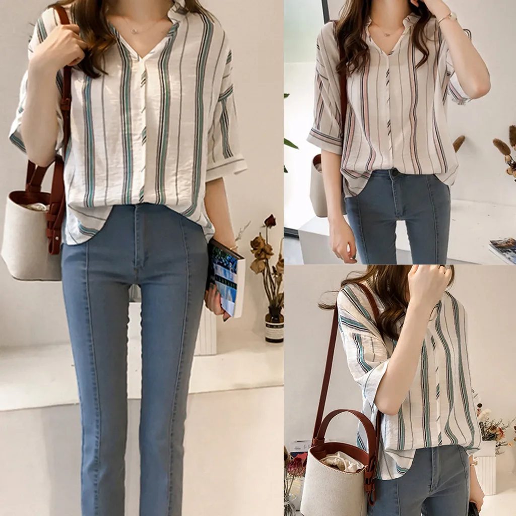 Женская Повседневная рубашка из хлопка и льна с v образным вырезом в полоску