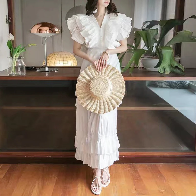 

VGH White Elegant Dress For Women V Neck Short Sleeve High Waist Patchwork Ruffle Minimalist Maxi Dresses Female 2021 Summer New