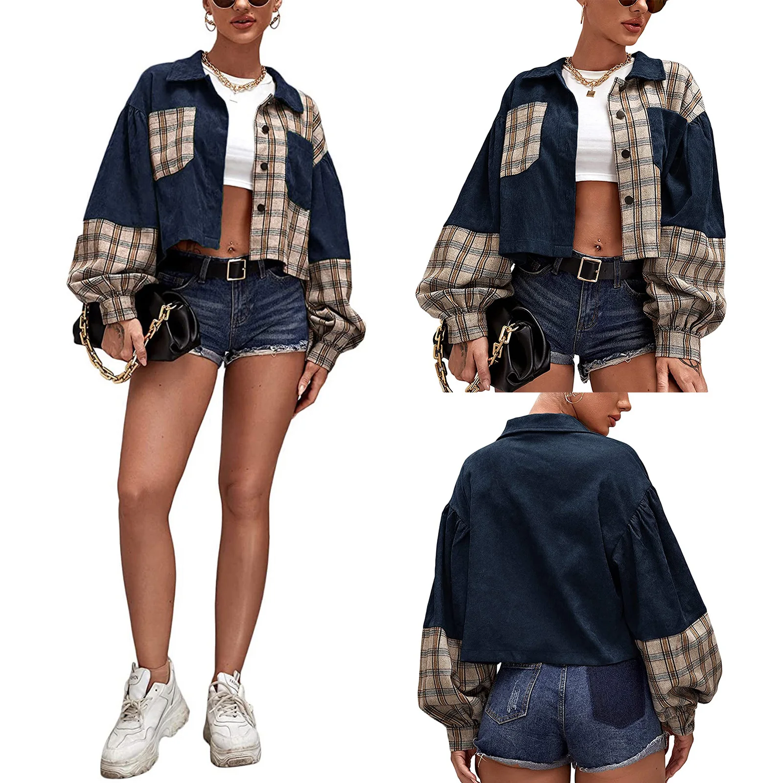 

Women Autumn Jacket Loose Corduroy Coat,2021 New Fashion Casual Long Sleeve Button Down Plaid Print Patchwork Streetwear Jacket
