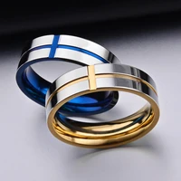 2021 hot sale high quality golden blue cross stainless steel finger rings for unisex men women couple paired lovers ring gifts