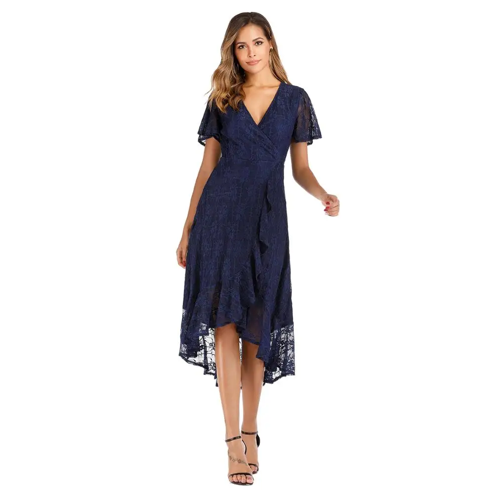 

Women's Vintage V Neck Flare Sleeve Ruffles Floral Lace Dress Ladies Irregular Cocktail Party High-Low Dresses