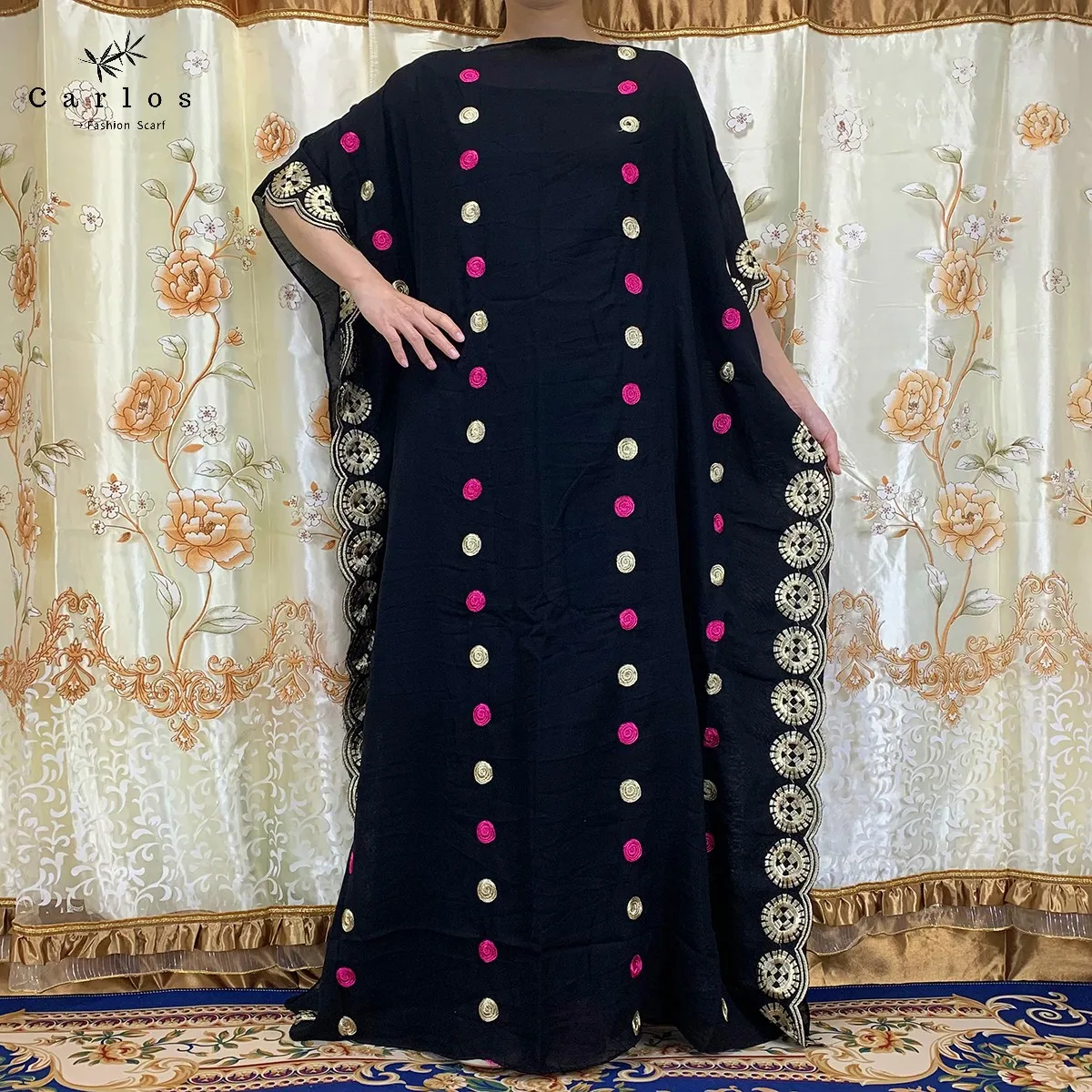 Женское платье с цветочной вышивкой, длинное черное платье большого размера с шарфом и вышивкой в африканском стиле, 2022
