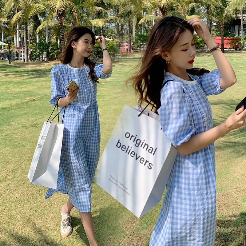 

8015# Summer Korean Fashion Plaid Linen Maternity Long Dress Elegant A Line Loose Slim Clothes for Pregnant Women Pregnancy
