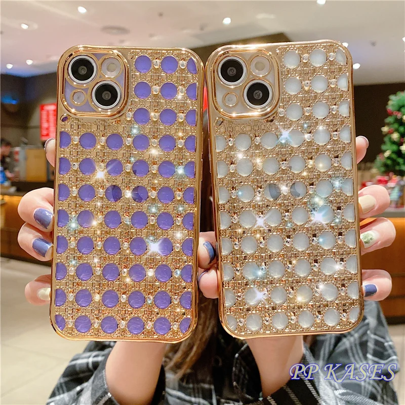 

Luxury Electroplated Copper Gold Agate Diamond Phone Case For iPhone 13 Pro Max Sparkling Colorful Gem Soft Silicone Cover Coque