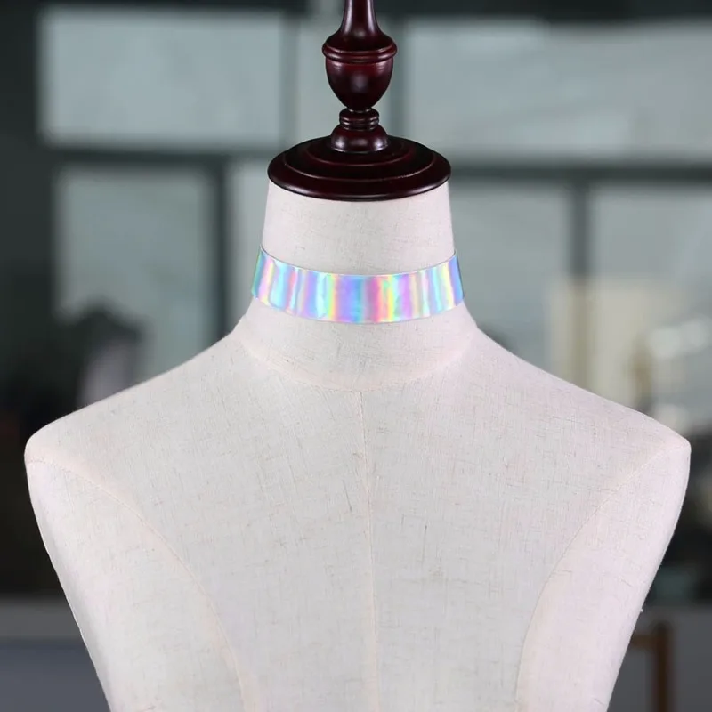 

Trendy Holographic Choker Necklace Women 2021 New PU Leather Chocker Handmade Laser Chocker Rainbow Punk Gothic Necklace