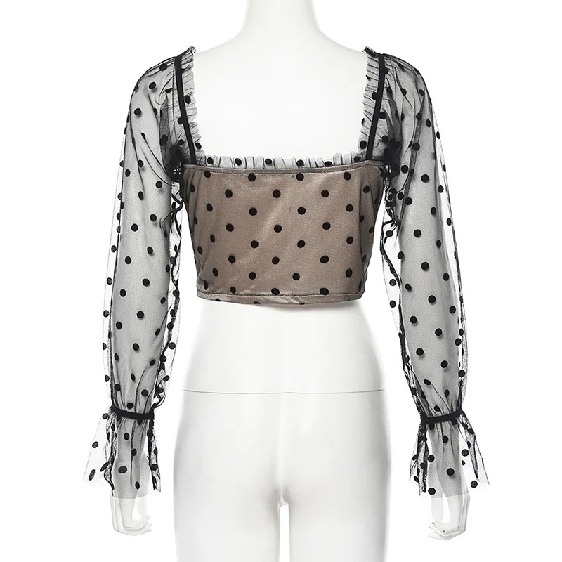 Элегантная женская блузка из сетчатой ткани прозрачная с длинным рукавом топ