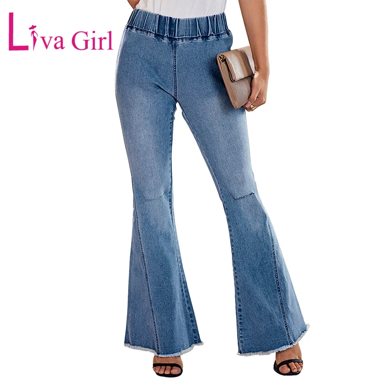 

LIVA GIRL Vintage Distressed Denim Pants Women Elastic High Waist Bell Bottom Medium Washed Lady Casual Jeans Long Trousers XXL