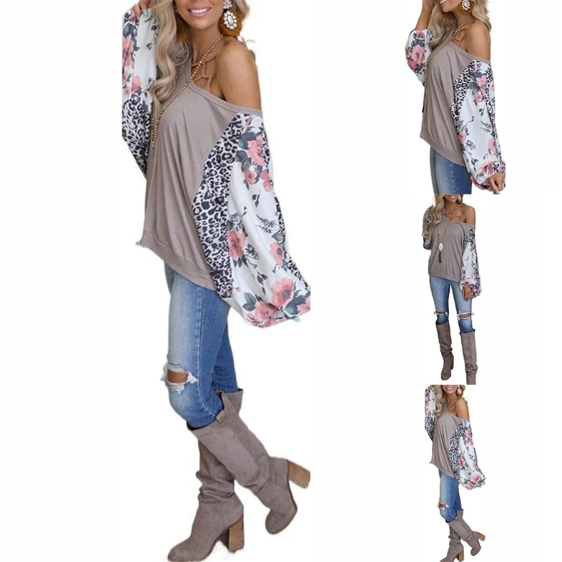 

Women Printing Long Sleeve Round Neck Stitching T-Shirt Casual Loose Tops Pullover Ladies Fashion Clothing 20CF