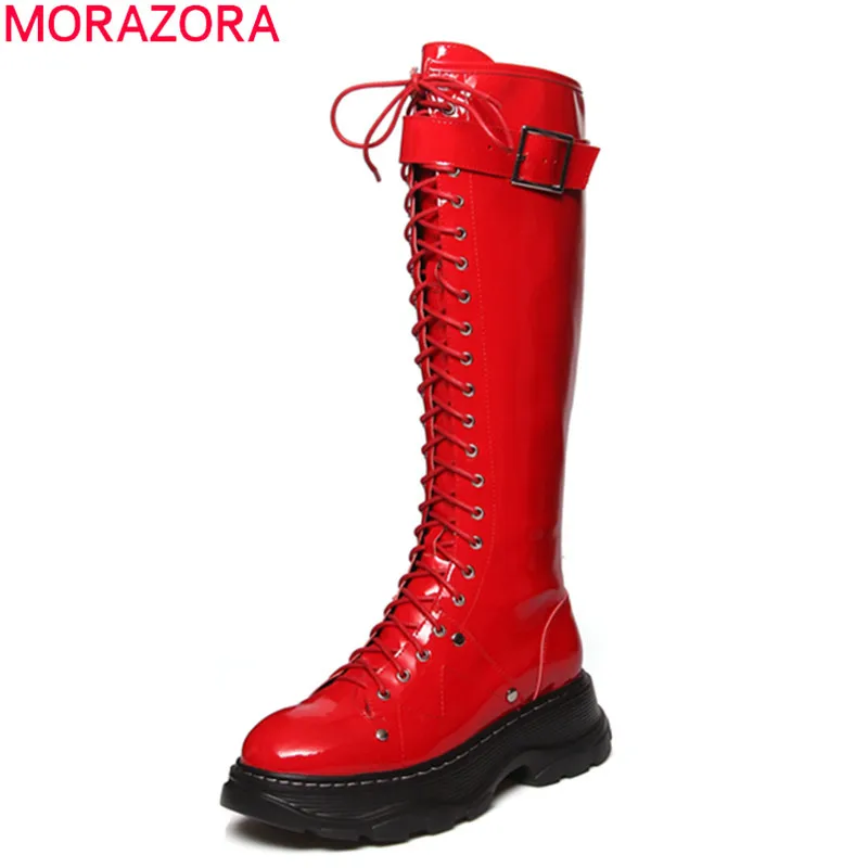 Женские сапоги с квадратным носком MORAZORA черные до колена на плоской подошве со