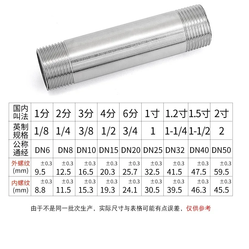 

304 stainless steel outer wire extension pipe wire joint DN15 20 25 length 50 60 80 100 120 150 200 300 400 500 600 800 1000