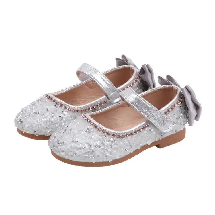 

2021 Princess Kids Leather Shoes for Girls Crystal Casual Glitter Children Low Heel Girl Shoes Butterfly Knot Pink Silver D12205