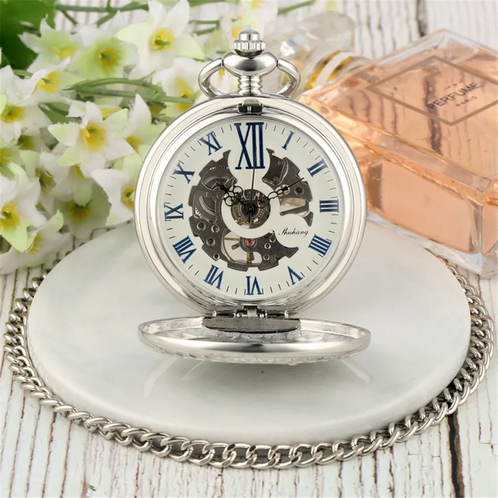 Silver/Black/Rose Gold Steampunk Train Mechanical Hand Winding Pocket Watch Roman Numerals Display Manual Mechanism Pocket Clock