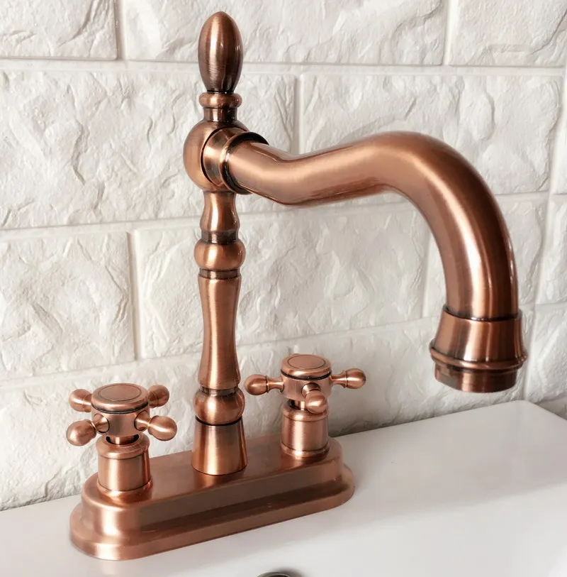 

Antique Red Copper Cross Handle 4" 2 Hole Kitchen Bathroom Vessel Basin Faucet Sink Hot Cold Mixer Tap Swivel Spout 360' drg050