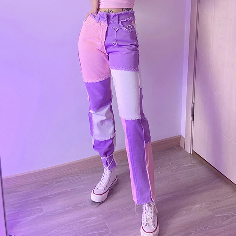 

2021 New hip hop autumn Blue/Pink patchwork Jeans women High waist Hip hop straight Jeans ladies trousers female denim for woman