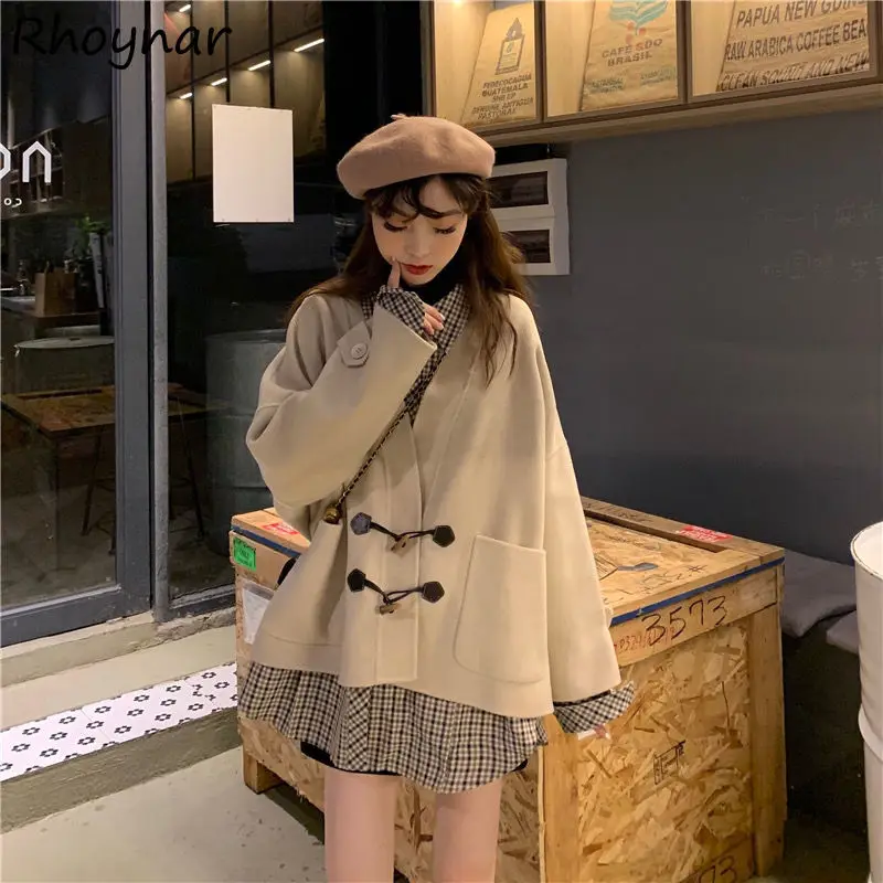 

Vintage Wool Blends Women Korean Style Loose All-match Temperament Horn Button Outwear Coat Preppy Girls Tender Cozy Winter Chic