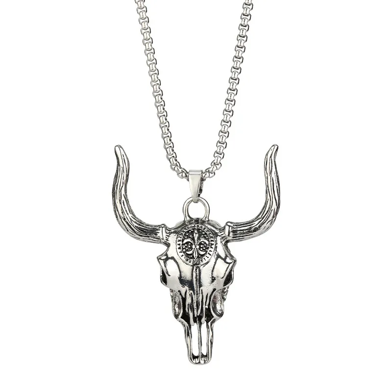 

Hip Hop Fashion Wild Bull Head Skull Titanium Steel Necklace Men Street Western Bull Bone Punk Pendant Wholesale