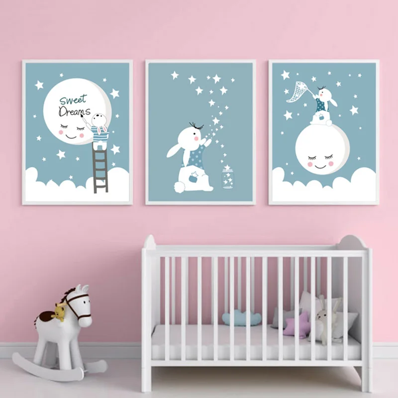 Плакат с милым Белым Кроликом животным принтом луной звездами детской настенная