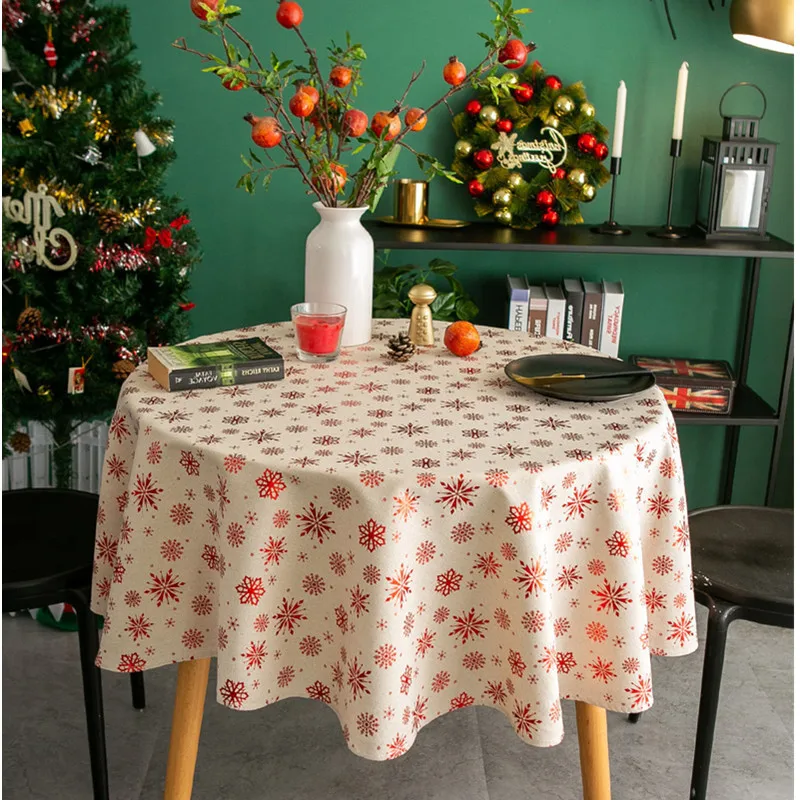 

Tablecloth Christmas Dinning Cotton Linen Japanese Red Gilded Snowflake Print Xmas Party Round Table Cloth Cover Home Decoration