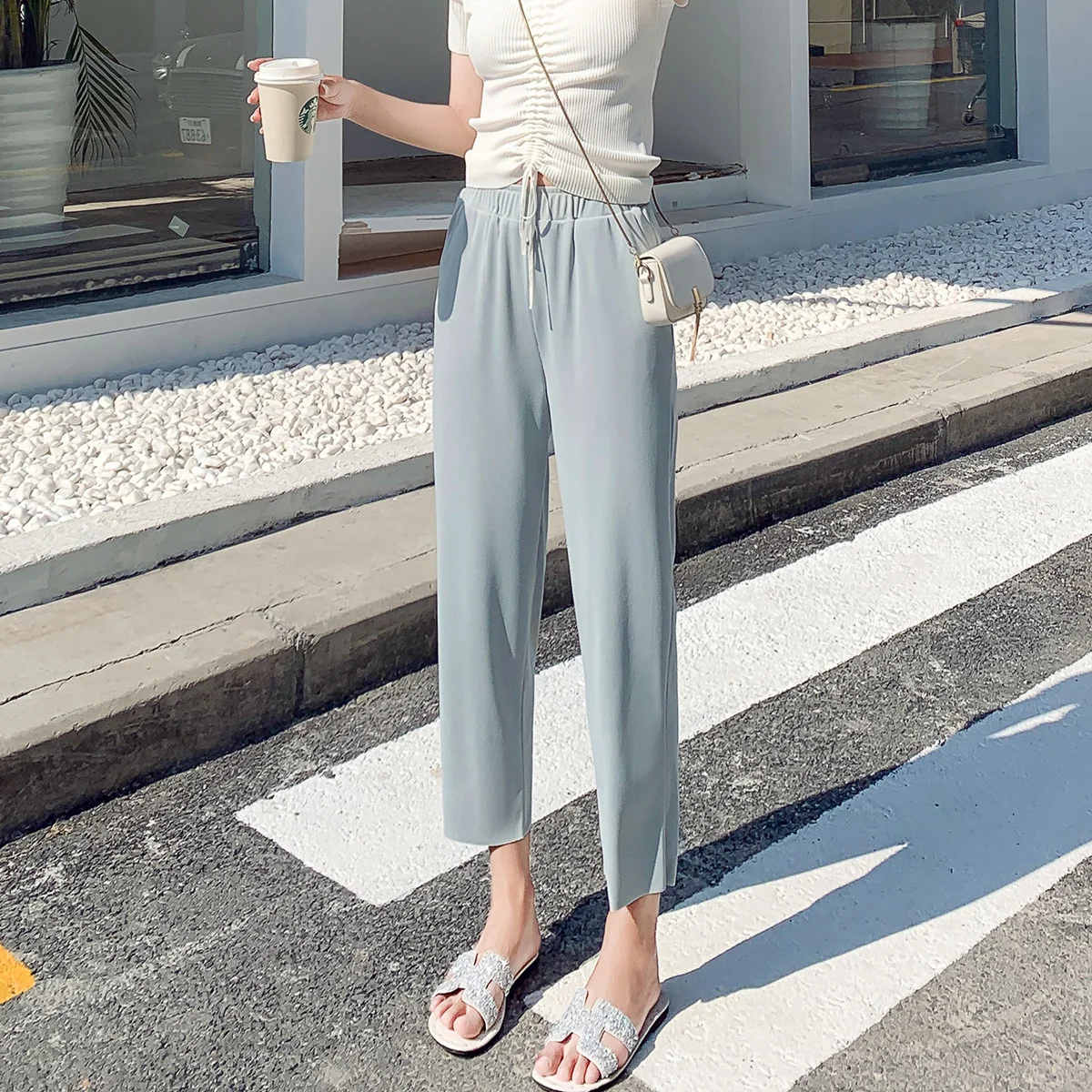 

145 Short Cropped Straight-Leg Ice Silk Wide-Leg Pants Women's Summer 150 Cropped High Wear Casual Cropped Harem Pants