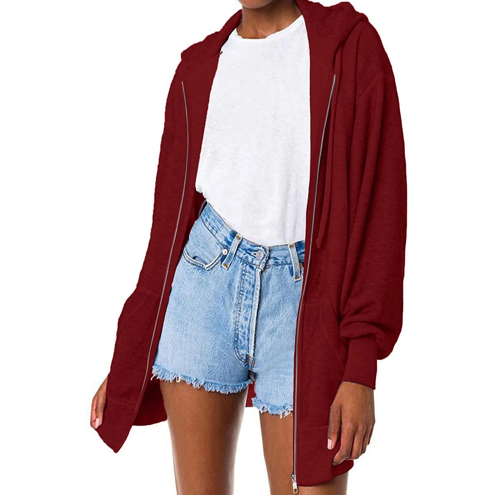 

Однотонный кардиган, пальто, Женское зимнее повседневное длинное пальто на молнии, женская простая верхняя одежда с капюшоном, свободная ку...