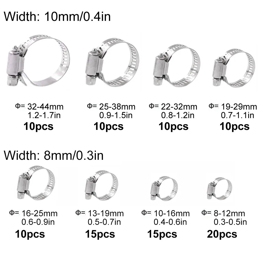 

100PCS Adjustable Hose Clips Kit Stainless Steel Worm Drive Reusable Optional Clamps With Box Wrench For Metal Assortment Kit