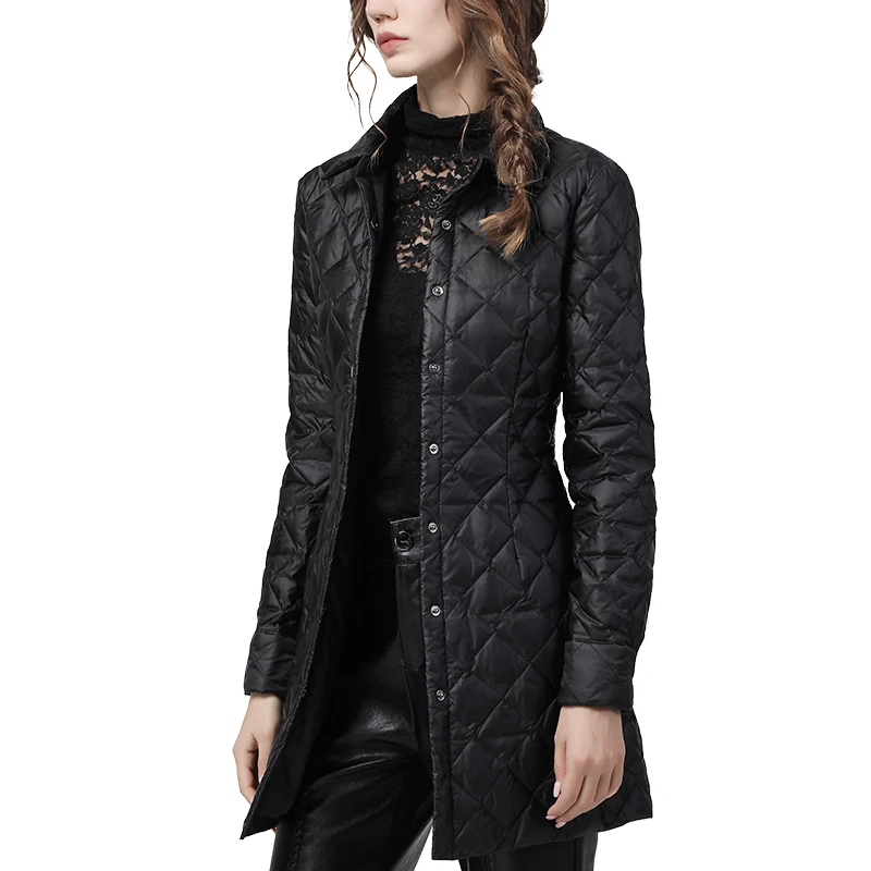 Пуховик женский зимний черный длинный теплый на белом утином пуху элегантный