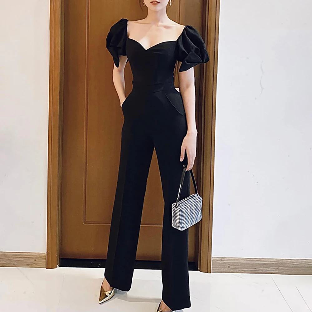 

High Quality Women Summer Fashion Sexy Strapless Puff Sleeve Casual High Waist Slim Long Jumpsuit