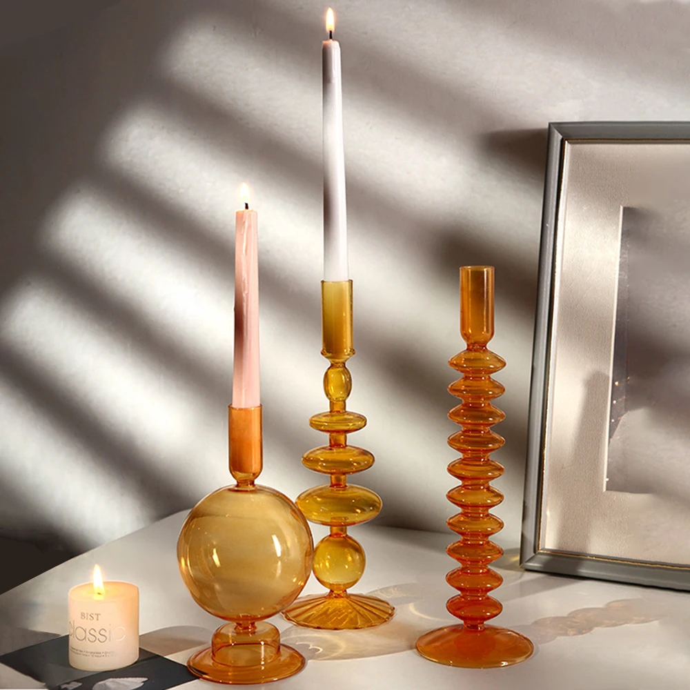 

Nordic Retro Orange Glass Candleholder Creative Home Decor Wedding Party Dinner Candlelight Decoration Living Room