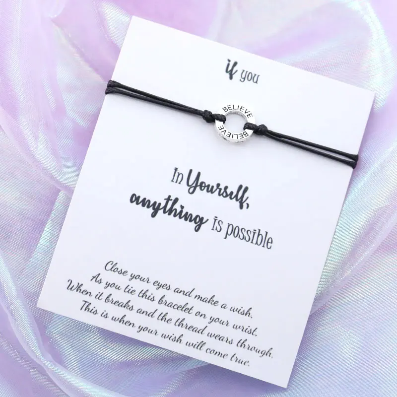 Black Верьте в себя Wish Bracelet Believe String Bracelet Серебряный верующий Шарм для женщин и мужчин дружба вдохновляющий подарок - Окраска металла: Black