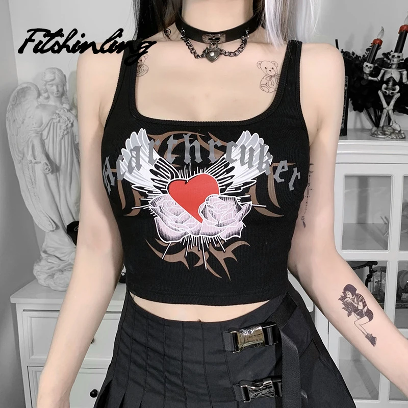 

Fitshinling Goth Tank Top Printed Heart Rose Square Collar Dark Cropped Feminino Gothic Skinny Letter Camis Street Style Grunge