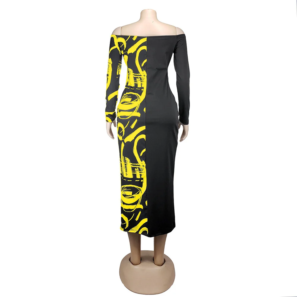 

Plus Size Printed Womens Dress Slash Neck Slim Long Sleeve Women Dress Casual Skinny Femme Robe