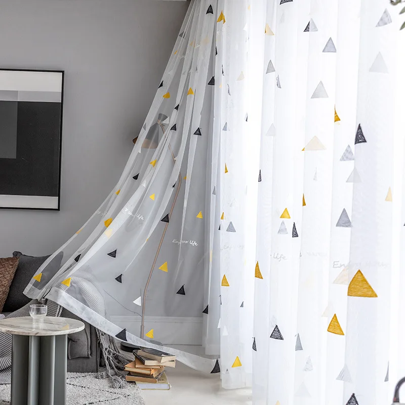 Simple Kids Triangle Embroidered Tulle Curtains for Children's Bedroom Window Treatments Modern  Sheer for Living Room