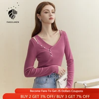 fansilanen fake two sexy knitted sweater women v neck button long sleeves pink pullovers winter irregular design knitwear tops
