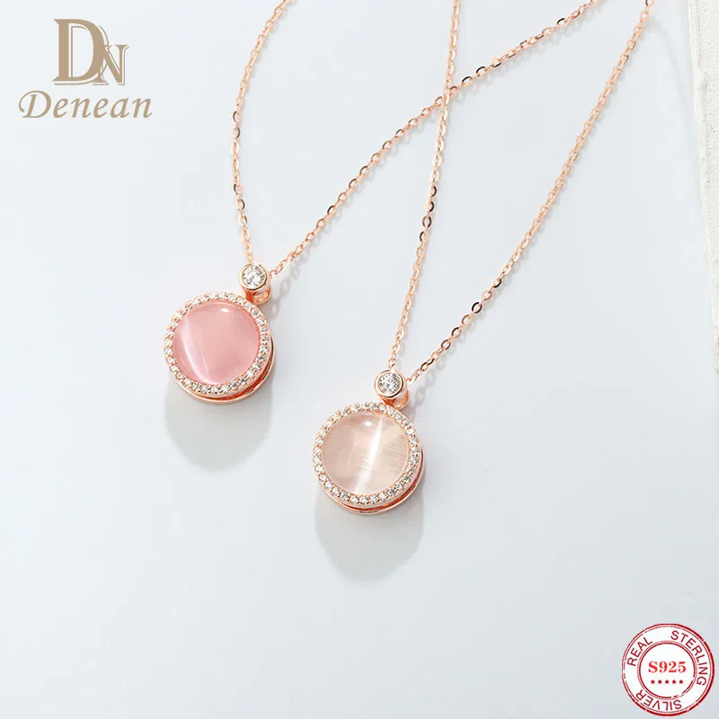 

Denean S925 Sterling Silver Pink White Opal Necklace Rotatable Round Pendant for Woman Fashion Luxury Jewelry Accessories Gifts